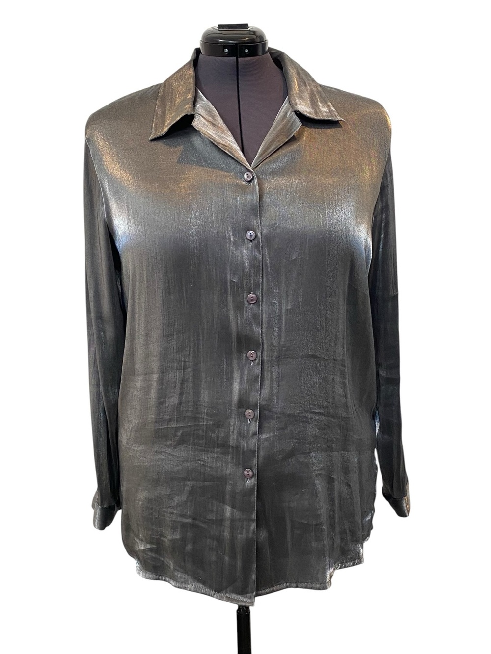 Apparenza Women's size XL Metallic Black/Gray Shimmer Button-Down Blouse